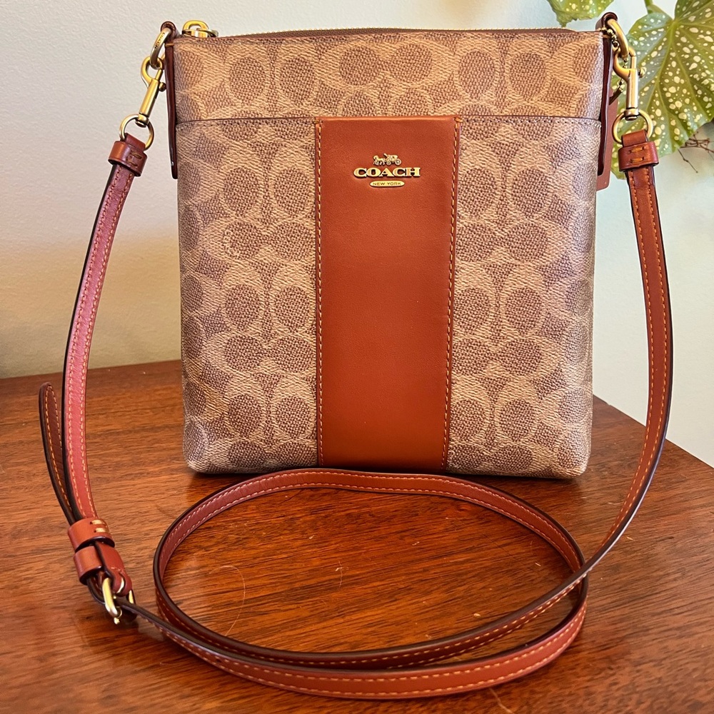 🏇🏼[COACH] Signature Canvas Colorblock Leather Zip Top Kitt Messenger Crossbody